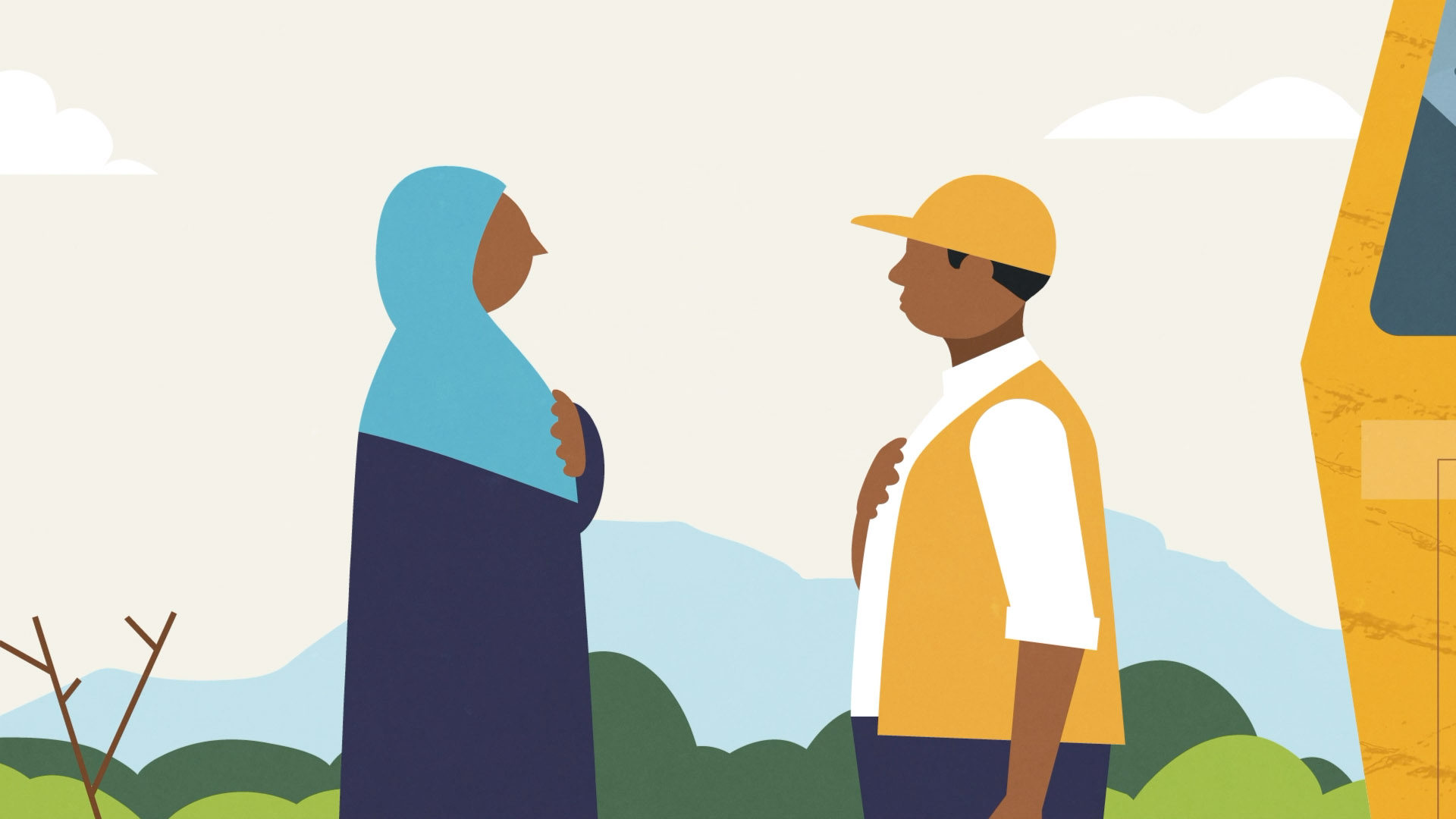 Community monitor Uchi Chindunga in Kwale, Kenya, faces a building contractor. They reach agreement on how to solve a problem Uchi has identified with a local infrastructure project, nodding and raising their hands to their chests to signal their agreement.