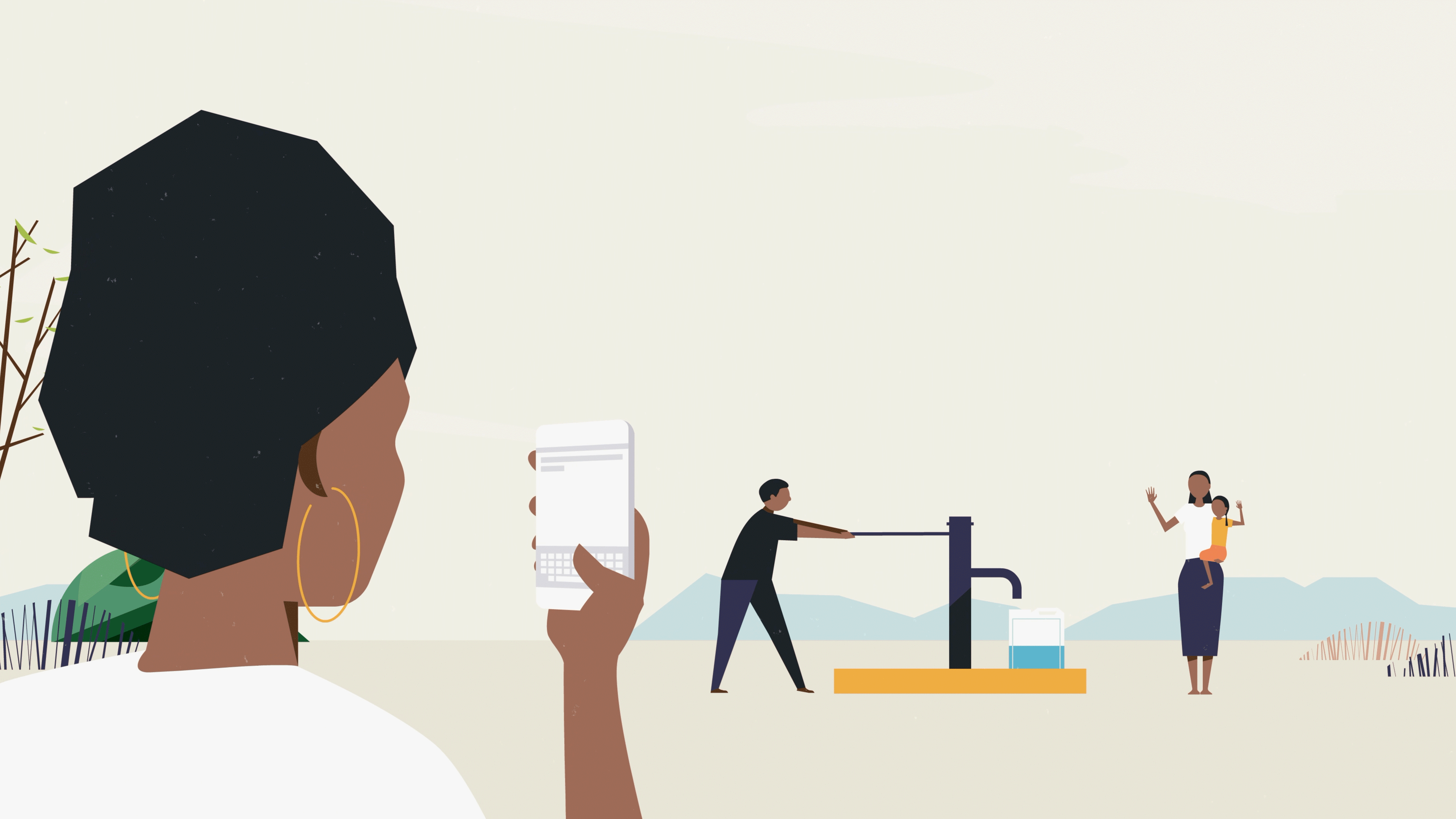 A community monitor uses the DevelopmentCheck mobile app to report that the well has been repaired. A community member is seen collecting water and a mother and child wave at the monitor. Image: Jolt Studio